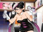  :o alcohol aori_(splatoon) bare_shoulders bedroom beer black_hair black_strapless blue_eyes blush breasts can cleavage clownculture collarbone cosplay detached_collar double_bun earrings female glasses gloves highres holding jewelry large_breasts legs long_hair looking_at_viewer mole mole_under_eye original pointy_ears solo splatoon standing strapless strapless_unitard tentacle_hair thighs unitard 