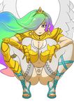  1girl celestia_(my_little_pony) error hair_over_one_eye jewelry looking_at_viewer maniacpaint multicolored_hair my_little_pony my_little_pony_friendship_is_magic oddmachine solo squatting tiara 
