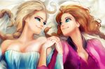  2girls anna_(frozen) bare_shoulders blonde_hair blue_eyes braid breasts brown_hair cleavage disney elsa_(frozen) frozen_(disney) hand_holding multiple_girls on_back siblings sisters smile thezentlion twin_braids 