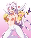 areolae blue_eyes blush breasts cameltoe cat digimon fang hair_ribbon lavender_hair long_hair navel nipples nude open_mouth pussy ribbon smile solo tail tailmon uncensored white_hair wings 