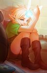  1boy against_wall allexis_kristedja blonde_hair blue_eyes boots fairy fairy_wings glowing knees_up link navi nintendo pointy_ears shorts sitting sword the_legend_of_zelda the_legend_of_zelda:_ocarina_of_time wings young_link 