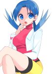  1girl :o bike_shorts black_shorts blue_eyes blue_hair breasts creatures_(company) crystal_(pokemon) game_freak highres jacket legs_crossed long_hair long_sleeves looking_at_viewer medium_breasts nintendo open_clothes open_jacket pokemon pokemon_(game) pokemon_gsc red_shirt shirt short_shorts shorts shorts_under_shorts simple_background sitting solo twintails v-shaped_eyebrows white_background white_jacket yellow_shorts yuihiko 