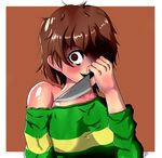  blush brown_hair chara_(undertale) evil_smile long_sleeves red_eyes shirt simple_background smile soulphraser spoilers striped striped_shirt undertale 
