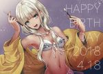  1girl 2018 :d bangs bikini blue_eyes blunt_bangs breasts cleavage collarbone danganronpa dark_skin dated eyebrows_visible_through_hair frilled_bikini_top hair_over_shoulder happy_birthday holding_brush jewelry long_hair looking_at_viewer low_twintails navel necklace new_danganronpa_v3 open_mouth sakuyu silver_hair small_breasts smile solo swimsuit twintails twitter_username upper_body white_bikini yonaga_angie 