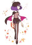  black_hair bob_cut book cape highres hilda leaf leaves_in_wind librarian_(hilda) niwa_33 purple_hair ribbon short_hair skirt sleeveless_sweater sleeves_rolled_up 