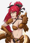  1girl breasts cleavage female long_hair looking_at_viewer monster_girl monster_girl_encyclopedia navel one_eye_closed ponytail red_hair salamander_(monster_girl_encyclopedia) scale smile solo tail whistle_frog yellow_eyes 