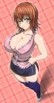  absurdres bare_shoulders blush breasts brown_hair cleavage closed_mouth commentary_request green_eyes highres large_breasts looking_at_viewer mikado_ryouko short_hair skirt sleeveless smile solo thighhighs to_love-ru tom-supaiku 