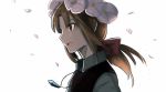  1girl bangs brown_eyes brown_hair commentary flower hair_flower hair_ornament hair_ribbon holly_(monster_farm) jewelry long_hair low_ponytail monster_farm necklace petals ribbon sidelocks solo stefv upper_body 