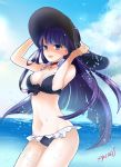  1girl :d bikini black_bikini black_bow black_hat blue_eyes blue_sky bow breasts choker cleavage cloud cross cross_necklace day earrings eyebrows_visible_through_hair fate/grand_order fate_(series) floating_hair frilled_bikini_bottom groin hands_on_headwear hat jewelry large_breasts long_hair looking_at_viewer navel necklace ocean open_mouth outdoors purple_hair saint_martha saint_martha_(swimsuit_ruler)_(fate) sakuragi_akira signature sky smile solo standing sun_hat swimsuit very_long_hair 
