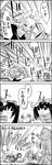  4koma :x =d animal_ears cannon comic commentary detached_sleeves ears_down greyscale hair_ribbon hat hat_ribbon highres himekaidou_hatate inubashiri_momiji kawashiro_nitori monochrome multiple_girls pom_pom_(clothes) ribbon scarf shaded_face shameimaru_aya shield shoujo_kitou-chuu smile snowball snowball_fight tani_takeshi tokin_hat touhou translated two_side_up wolf_ears yukkuri_shiteitte_ne |_| 