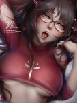  1girl ahegao aqua_eyes arm_up black_hair blush breasts fate/stay_night fate_(series) glasses mumeaw open_mouth signature tohsaka_rin torn_clothes upper_body 