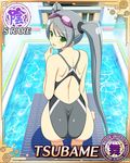  1girl ass back bare_back bare_shoulders blush card character_name competition_swimsuit diving_board emblem from_behind goggles goggles_on_head green_eyes long_hair looking_at_viewer looking_back one-piece_swimsuit one_piece_swimsuit senran_kagura senran_kagura_(series) senran_kagura_new_wave shiny shiny_clothes shiny_hair shiny_skin silver_hair solo swimsuit tsubame_(senran_kagura) twintails yaegashi_nan 