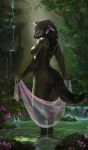  absurd_res amphibian anthro black_hair breasts canid canine canis day detailed_background digitigrade feathers female flower frog green_eyes hair hi_res hiona holding_object lerno looking_down mammal mane nipples nude outside partially_submerged plant solo standing stone tree water waterfall wolf 