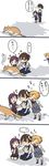  3girls ? betchan blonde_hair brown_hair cat closed_eyes colorized comic commentary_request hagikaze_(kantai_collection) hand_on_another's_head highres japanese_clothes kaga_(kantai_collection) kantai_collection maikaze_(kantai_collection) multiple_girls petting red_hair school_uniform seiza sitting translated 