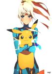  1girl :3 blonde_hair bodysuit electricity looking_at_viewer metroid nintendo pikachu pokemon ponytail samus_aran simple_background super_smash_bros. tom_skender upper_body zero_suit 