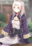  1girl bangs black_gloves blurry blurry_background breasts cleavage corset day dress female_my_unit_(fire_emblem:_kakusei) fire_emblem fire_emblem:_kakusei gloves legs_crossed long_hair long_sleeves medium_breasts my_unit_(fire_emblem:_kakusei) nintendo outdoors parted_bangs purple_eyes silver_hair sitting solo twintails white_dress yuty_cg 