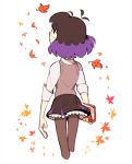  black_hair bob_cut book from_behind highres hilda leaf leaves_in_wind librarian_(hilda) niwa_33 purple_hair short_hair skirt sleeveless_sweater sleeves_rolled_up 