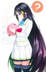  1girl ? artist_request black_hair blue_eyes blush character_name crossover dafi gradient_hair green_hair hair_flaps hair_ornament highres izumi_reina kirby kirby_(series) kyoto_animation long_hair looking_at_another looking_at_viewer multicolored_hair musaigen_no_phantom_world nintendo power_connection school_uniform smile thighhighs trait_connection very_long_hair white_background 