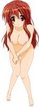  1girl absurdres areolae asahina_mikuru breasts brown_eyes censored erect_nipples female highres large_breasts legs long_hair mole nipples nude_filter open_mouth photoshop pussy red_hair shy simple_background sitting solo suzumiya_haruhi_no_yuuutsu thighs vector_trace 