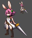  artist_request boots furry omunikin original pink_hair pixel rabbit red_eyes short_hair solo sword 