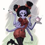  1girl black_eyes black_hair dandon_fuga doughnut extra_arms extra_eyes food monster_girl muffet pantyhose purple_skin solo spider spider_girl spider_web tea_kettle teacup twintails undertale 