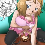  1girl aliasing black_legwear bloggerman blush breasts censored character_request cum cum_in_pussy flying_sweatdrops large_breasts mosaic_censoring multiple_girls no_panties open_mouth pointing pointless_censoring pokemon serena_(pokemon) shiny_hair squatting sweat thighhighs 