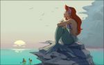 1girl animal ariel_(disney) bare_arms bare_shoulders bikini bird cloud cloudy_sky commentary_request crab crossed_arms day disney expressionless fish flounder_(the_little_mermaid) flower gori_matsu grey_sky hair_flower hair_ornament horizon long_hair looking_up mermaid monster_girl ocean outdoors partially_submerged pink_flower profile red_hair reflection rock seashell sebastian_(disney) shaded_face shadow shell shell_bikini shirtless sitting sitting_on_rock sky solo submerged sun swimsuit the_little_mermaid water 