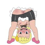 aliasing anus ass bent_over bike_shorts bloggerman blonde_hair blue_eyes breasts eureka_(pokemon) flat_chest looking_at_viewer looking_through_legs nipples pants_pull pokemon saliva short_hair side_ponytail simple_background small_nipples v white_background 
