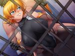  blue_eyes breasts clothed_female_nude_male igawa_sakura kagami_hirotaka large_breasts lilith-soft ninja nude_male orange_hair prison taimanin_asagi taimanin_asagi_battle_arena 