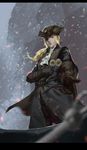  baka_(mh6516620) blonde_hair bloodborne blue_eyes blurry coat cowboy_shot cravat depth_of_field flower gloves hat hat_feather highres jewelry lady_maria_of_the_astral_clocktower pants pendant ponytail snow solo tears the_old_hunters tricorne 