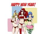  3girls bikini blonde_hair blue_eyes blue_hair breasts brown_eyes cleavage erza_scarlet fairy_tail juvia_loxar legwear long_hair looking_at_viewer lucy_heartfilia multiple_girls navel one_eye_closed red_hair santa_hat smile swimsuit 