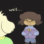  =_= androgynous asriel_dreemurr brown_hair comic english frisk_(undertale) highres monster_boy mushroomstairs pantyhose shirt shorts spoilers striped striped_shirt undertale 