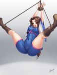  absurdres bloody_roar boots bound_hands brown_hair cameltoe erect_nipples gradient gradient_background highres karosu-maker nonomura_uriko solo spread_legs suspension 