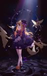  1girl abigail_williams_(fate/grand_order) absurdres ankle_bow ankle_ribbon bird black_dress black_footwear black_hat blonde_hair bow dress erlge eyes_closed fate/grand_order fate_(series) floating_hair full_body hair_bow hair_ornament hat highres holding holding_stuffed_animal long_hair mary_janes multiple_hair_bows orange_bow polka_dot polka_dot_bow purple_bow ribbon shoes short_dress sleeves_past_wrists smile solo standing stuffed_animal stuffed_toy very_long_hair 