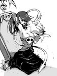  1girl bare_shoulders breasts cleavage detached_collar detached_sleeves dress hair_over_one_eye high_heels large_breasts leviathan_(skullgirls) monochrome sangyou_haikibutsu_(turnamoonright) simple_background skull skullgirls squigly_(skullgirls) stitched_mouth twintails zombie 