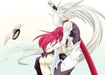  1girl arc_system_works armor ass blazblue couple feathers gloves hakumen hand_on_ass hat hat_removed headwear_removed hug long_hair military military_uniform red_hair sheathed silver_hair sword tsubaki_yayoi very_long_hair weapon wings 