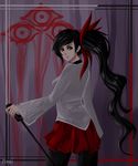  1girl ambibot back black_hair ha_yuri_zahard long_hair looking red_eyes skirt solo tower_of_god weapon 