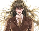  1boy :d androgynous brown_hair brown_jacket brown_neckwear danganronpa floating_hair glasses gokuhara_gonta hair_between_eyes happy_birthday head_tilt highres jacket long_hair looking_at_viewer male_focus new_danganronpa_v3 open_mouth red_eyes rimless_eyewear round_eyewear sakuyu shirt simple_background smile solo twitter_username very_long_hair white_background white_shirt 