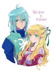  1boy 1girl armor blonde_hair blue_eyes blue_hair blush breasts claire_bennett dress flower long_hair ribbon short_hair smile tales_of_(series) tales_of_rebirth veigue_lungberg 