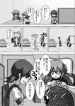  afterimage alternate_costume alternate_hairstyle bed bed_sheet check_translation chibi comic commentary cupboard failure_penguin female_admiral_(kantai_collection) greyscale hair_ornament hairclip ikazuchi_(kantai_collection) inazuma_(kantai_collection) jumping kantai_collection long_hair low_twintails meitoro monochrome multiple_girls open_mouth pajamas pantyhose shirayuki_(kantai_collection) short_hair short_twintails skirt translated translation_request twintails 