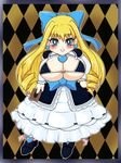  1girl aqua_eyes blonde_hair blue_eyes blush bow breasts card cleavage dress drill_hair duel_monster female frills hair_bow large_breasts long_hair princess_cologne ribbon solo yu-gi-oh! yuu-gi-ou_zexal 