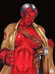  1girl black_hair breasts daikkenaurora demon_girl female genderswap hellboy hellboy_(comic) monster_girl navel pistol red_skin solo weapon 