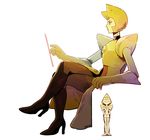  2gold blonde_hair boots cartoon_network giantess high_heel_boots high_heels multiple_girls simple_background sitting size_difference steven_universe wavy_mouth yellow_diamond_(steven_universe) yellow_pearl yellow_skin 