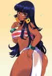  1girl ass black_hair breasts brown_eyes chel_(the_road_to_el_dorado) dark_skin earrings from_behind gradient gradient_background highres jewelry lips loincloth long_hair looking_at_viewer medium_breasts parted_lips queen_ashi road_to_el_dorado solo strapless tubetop underboob wet yellow_background 