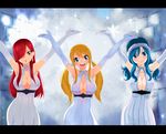  blonde_hair blue_hair blush dress erza_scarlet fairy_tail gloves juvia_loxar lucy_heartfilia open_mouth red_hair 