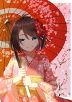  bangs brown_hair closed_mouth commentary_request eyebrows_visible_through_hair floral_background floral_print hair_between_eyes highres holding holding_umbrella japanese_clothes kimono looking_down new_year obi oriental_umbrella original pink_kimono sash shade shiime short_hair smile solo umbrella upper_body 