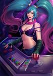  :d alternate_costume arcade_sona bare_shoulders bead_necklace beads blue_eyes blue_hair breasts cleavage commentary_request controller fingerless_gloves gloves gradient_hair green_gloves hair_ornament headphones jewelry joystick league_of_legends long_hair looking_at_viewer medium_breasts multicolored_hair navel necklace open_mouth phamoz purple_hair smile solo sona_buvelle stomach twintails 