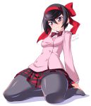  1girl black_hair bow dated girls_und_panzer girls_und_panzer_ribbon_no_musha hair_bow hair_ribbon highres jacket kuzuryuu_kennosuke looking_at_viewer mole mole_under_eye pantyhose ribbon school_uniform shirt short_hair signature simple_background skirt smile solo tatenashi_high_school_uniform tsuruki_shizuka white_background 