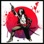  1girl armband dc_comics dccu domino_mask kamome_shirahama katana katana_(dc) kneeling mask solo spot_color suicide_squad sword 