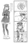  &gt;_&lt; 1girl 4koma akitsu_maru_(kantai_collection) bangs bbb_(friskuser) broken cape closed_eyes comic commentary_request gloves greyscale hair_between_eyes hands_up hat highres kantai_collection katou_yasunori kneeling knees_together_feet_apart military military_hat military_uniform miniskirt monochrome naka_(kantai_collection) one_eye_closed peaked_cap pleated_skirt shoes skirt sneakers star staring tears teito_monogatari thigh_gap thighhighs translated trembling uniform 